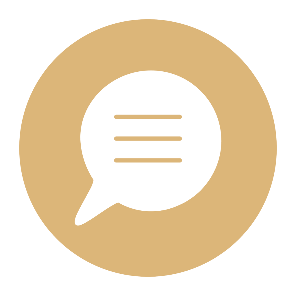 A speech bubble icon with three horizontal lines inside, set against a beige circular background.
