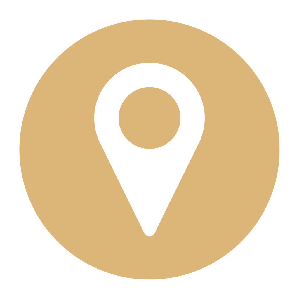 A white location pin icon centered within a beige circular background.