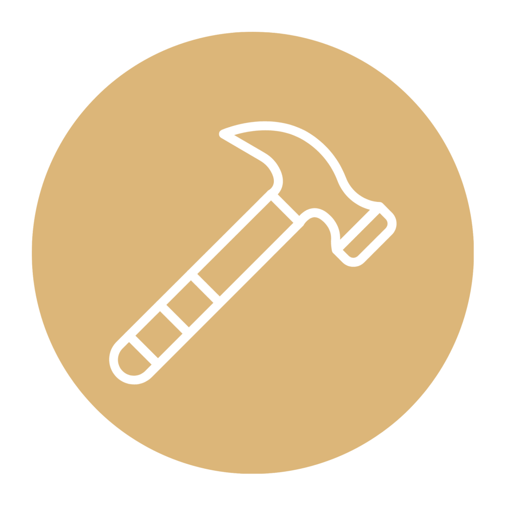 An outline icon of a hammer inside a circular background.